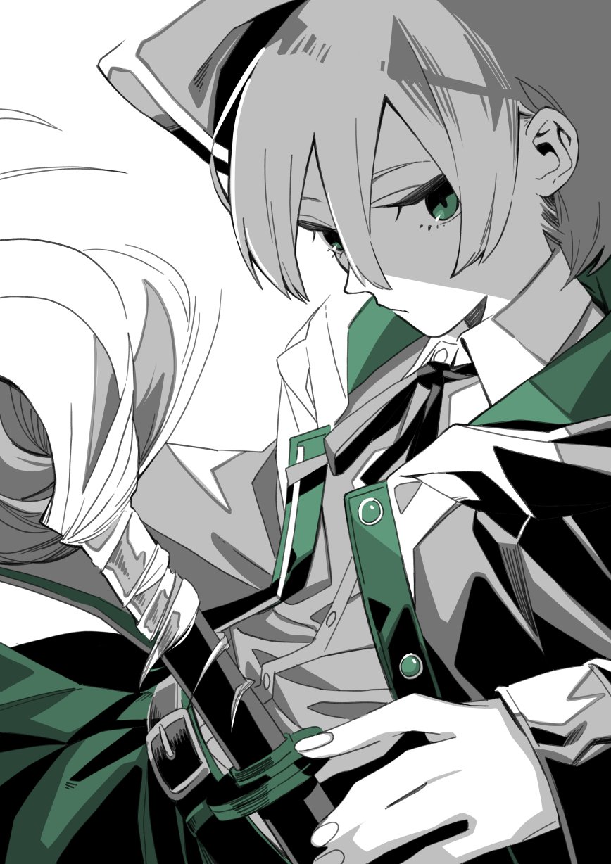 1girl, belt_buckle, buckle, collared_shirt, commentary_request, green_eyes, green_skirt, green_theme