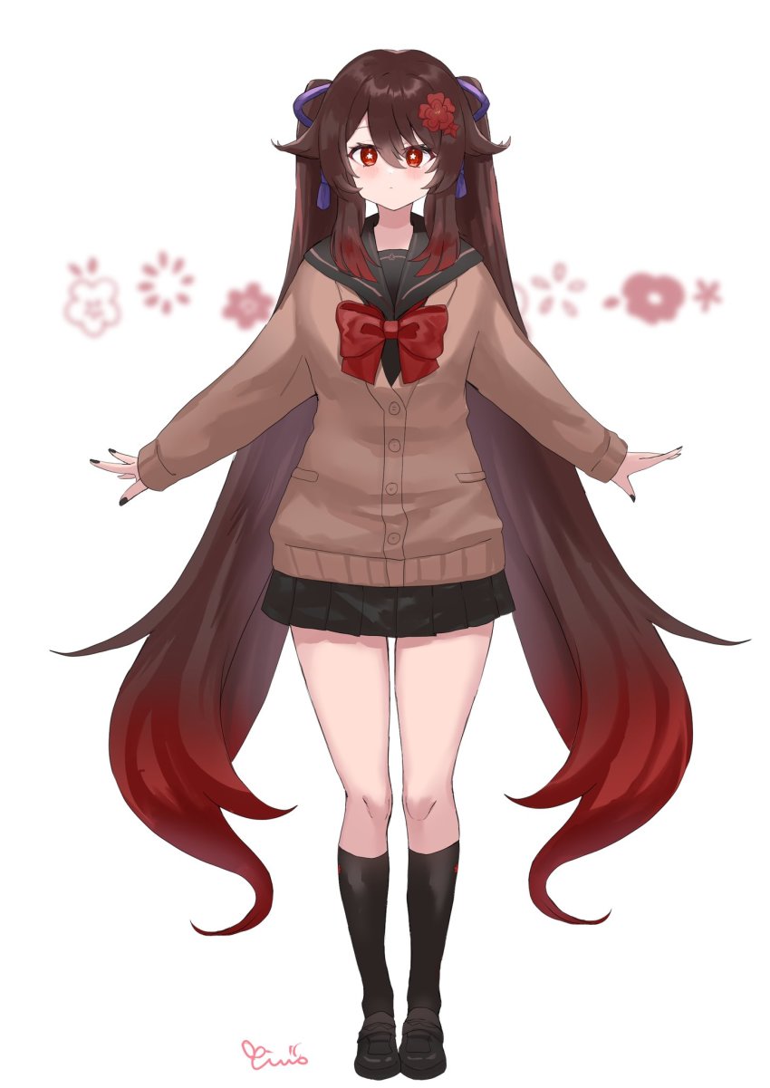 1girl, black_nails, black_socks, blush, brown_hair, casual, closed_mouth, flower