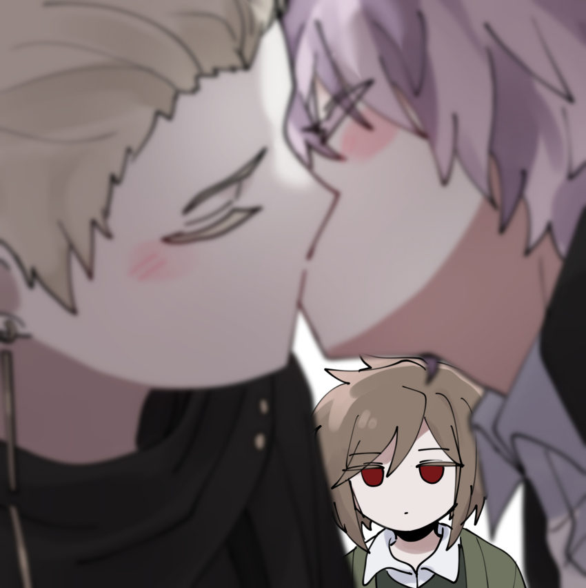 3boys, black_jacket, black_shirt, blonde_hair, blurry, blurry_foreground, brown_hair, closed_mouth