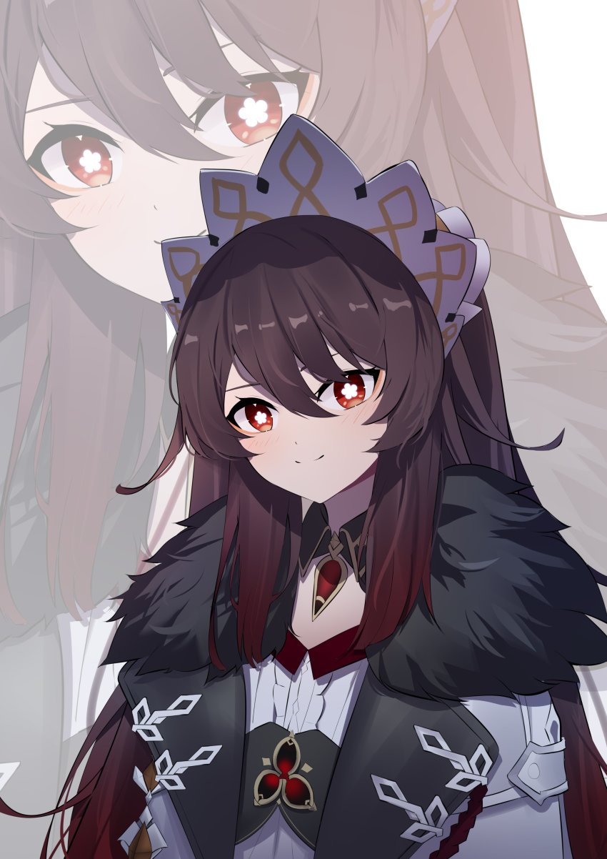 1girl, absurdres, blush, brown_hair, closed_mouth, coat, cosplay, fatui_coat, flower-shaped_pupils, fur_collar, fur_trim, genshin_impact, gradient_hair, hair_between_eyes, highres, hu_tao_(genshin_impact), long_hair, looking_at_viewer, multicolored_hair, qixia, red_eyes, sandrone_(genshin_impact), sandrone_(genshin_impact)_(cosplay), simple_background, symbol-shaped_pupils, white_headwear