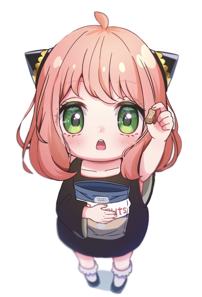 1girl, ahoge, anya_(spy_x_family), arm_up, baby_doll_socks, bag, black_dress, black_shoes