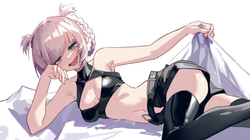 1girl, bare_shoulders, belt, black_boots, black_bra, black_shorts, black_thighhighs, boots, bra, braid, braided_hair_rings, green_eyes, hair_rings, highres, jiu_ye_sang, nanakusa_nazuna_(yofukashi_no_uta), navel, short_shorts, shorts, simple_background, solo, thighhighs, thighs, underwear, white_background, yofukashi_no_uta