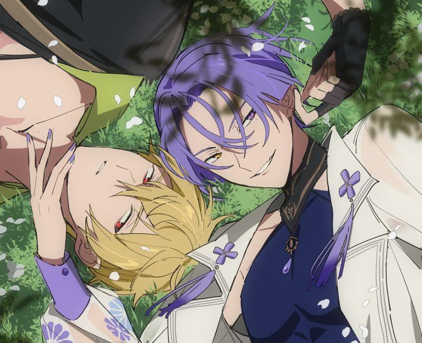 2boys, bishounen, black_gloves, bone, falling_petals, fingerless_gloves, floral_print, from_above