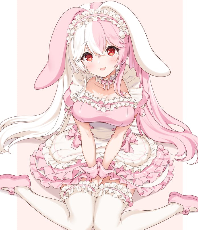 1girl, animal_ears, blush, commission, indie_virtual_youtuber, maid, maid_headdress, marshie_(vtuber), multicolored_hair, pink_hair, pink_theme, rabbit_ears, rabbit_girl, red_eyes, skeb_commission, solo, split-color_hair, thighhighs, umeyuki, virtual_youtuber, white_hair