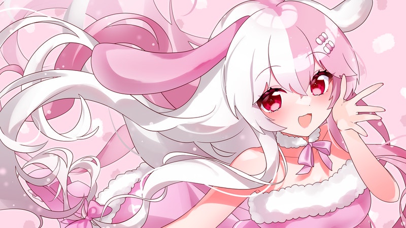 1girl, animal_ears, blush, commission, dress, fur_collar, indie_virtual_youtuber, marshie_(vtuber)