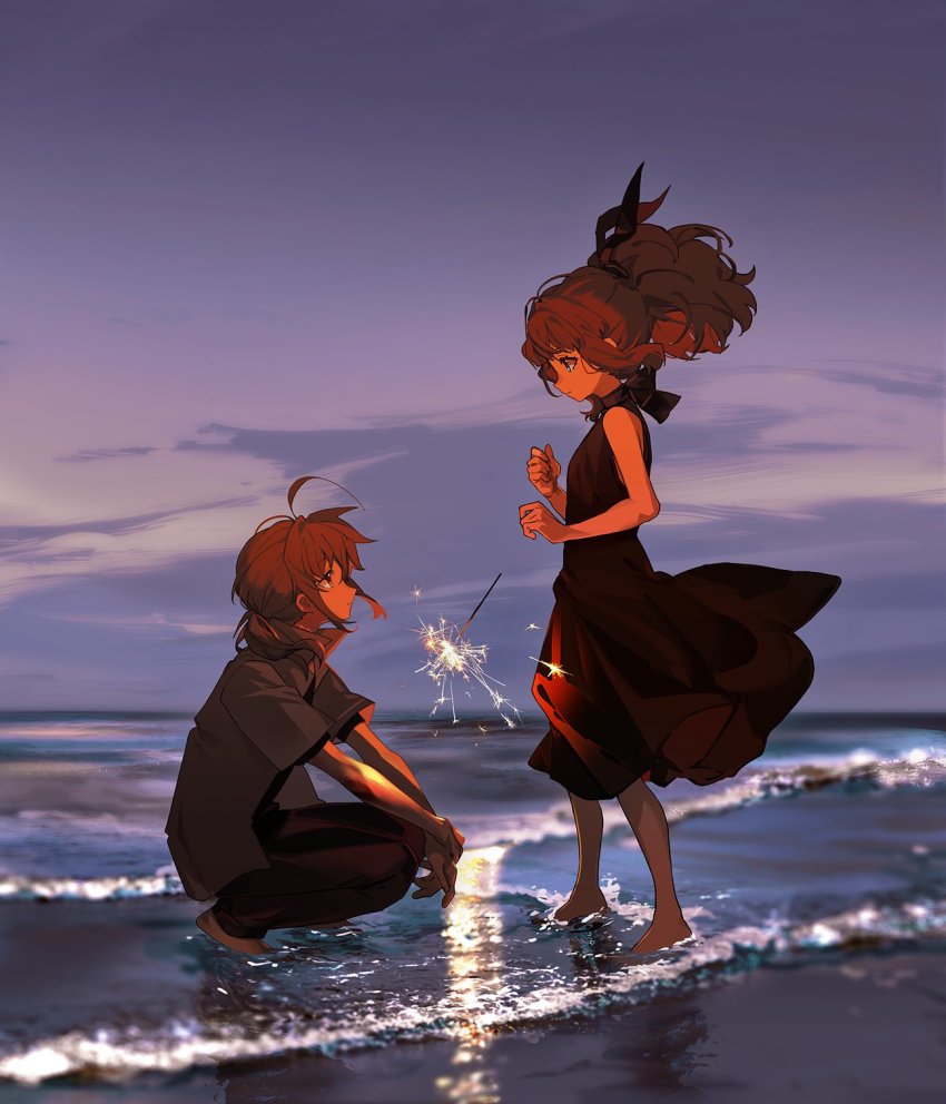 1boy, 1girl, barefoot, dress, fireworks, highres, kurohush, looking_at_another, ocean, partially_submerged, shirt, squatting, standing, water
