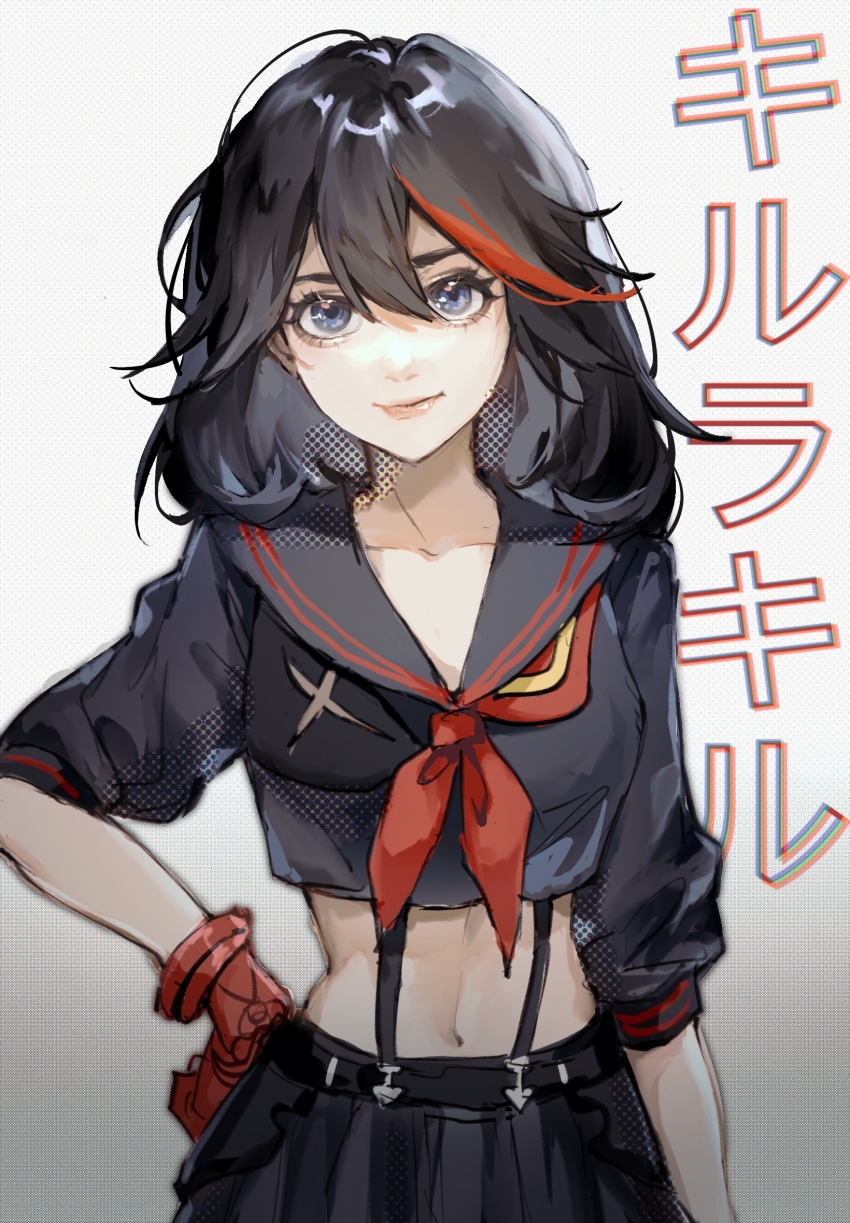 1girl, black_hair, black_jacket, black_skirt, blue_eyes, collarbone, copyright_name, cowboy_shot, cropped_jacket, elicooc, gradient_background, hair_between_eyes, hand_on_own_hip, highres, jacket, kill_la_kill, matoi_ryuuko, medium_hair, midriff, multicolored_hair, navel, neckerchief, red_hair, red_neckerchief, sailor_collar, school_uniform, senketsu, serafuku, skirt, smile, solo, standing, streaked_hair, suspender_skirt, suspenders, two-tone_hair, white_background