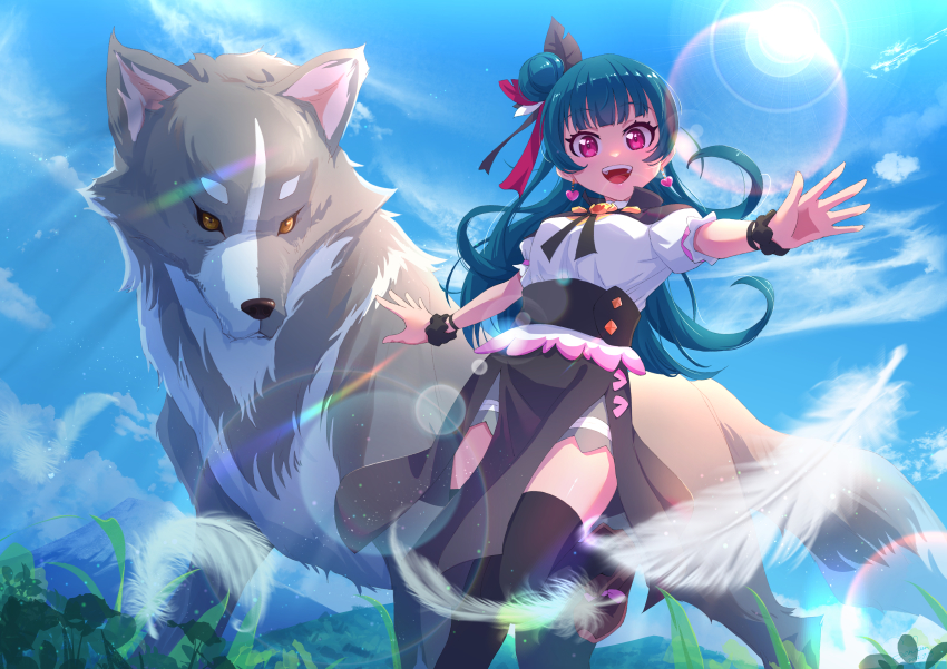 1girl, :d, absurdres, black_skirt, black_thighhighs, blouse, blue_hair, blunt_bangs