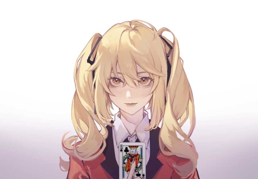 1girl, ahoge, blonde_hair, brown_eyes, card, collared_shirt, curly_hair, elicooc, gradient_background, hair_between_eyes, hair_ribbon, hand_up, highres, holding, holding_card, hyakkaou_academy_school_uniform, jacket, kakegurui, king_(playing_card), king_of_clubs, long_hair, looking_at_viewer, playing_card, portrait, red_jacket, ribbon, saotome_mary, school_uniform, shirt, smile, solo, straight-on, twintails, white_background, white_shirt