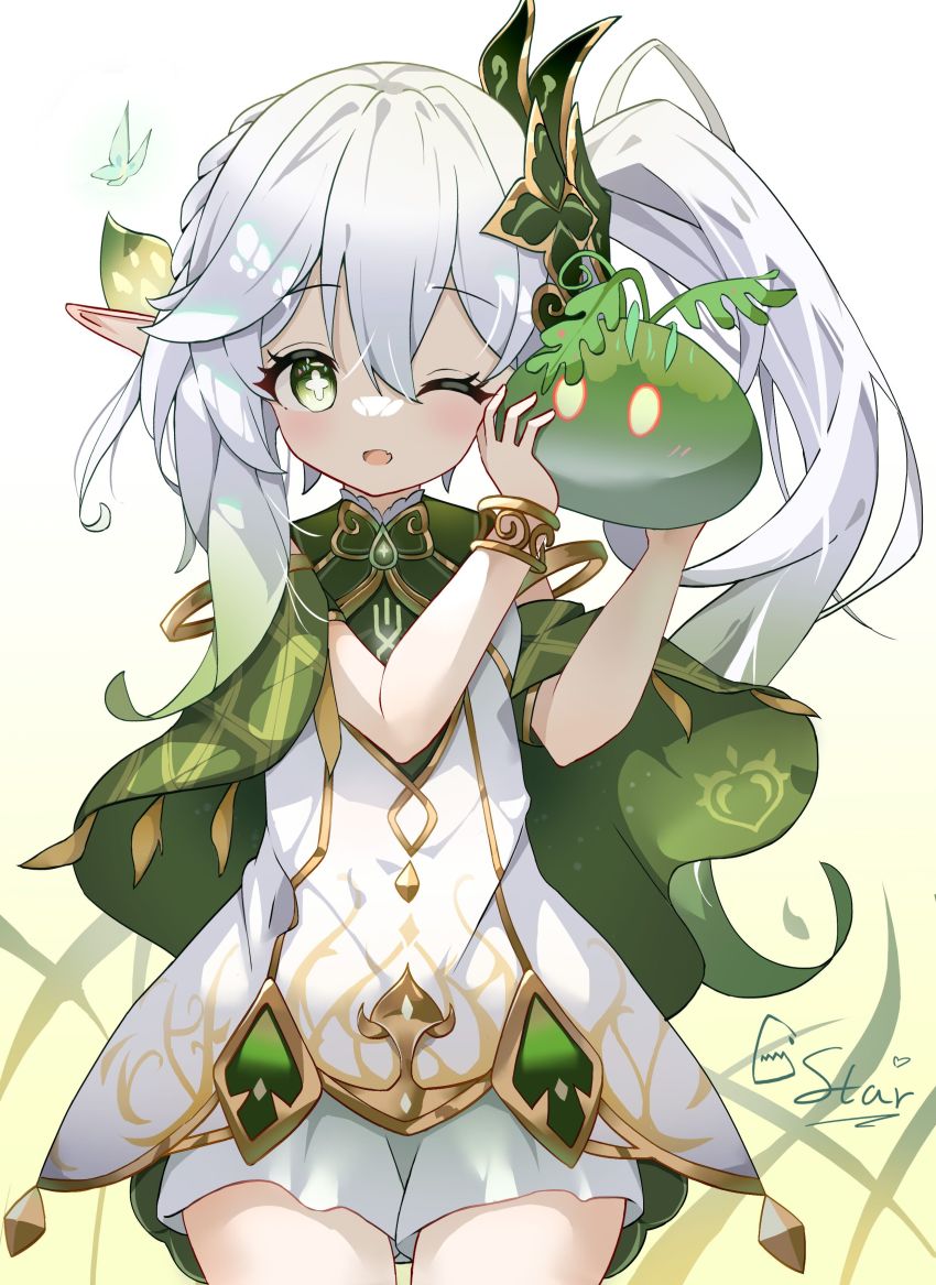 1girl, absurdres, bracelet, braid, cape, clothes_lift, colored_tips, dress, feet, genshin_impact, green_eyes, hair_ornament, highres, holding, jewelry, nahida_(genshin_impact), multicolored_hair, one_eye_closed, pointy_ears, ponytail, pout, signature, skirt, skirt_lift, slime_(genshin_impact), smile, tearing_up, underwear, vanishedstar, white_dress