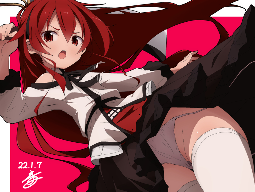 1girl, ahoge, bare_shoulders, black_hairband, brown_skirt, clothing_cutout, eris_greyrat, hair_between_eyes, hairband, highres, long_hair, long_sleeves, looking_at_viewer, mushoku_tensei, nekokan-nekokan, panties, red_eyes, red_hair, shoulder_cutout, skirt, solo, thighhighs, underwear, white_panties, white_thighhighs