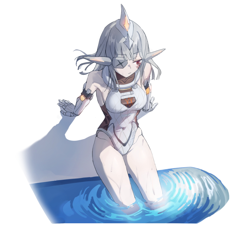 1girl, alina_(girls'_frontline), alina_(mosasaur_rider)_(girls'_frontline), bare_legs, beruko14, breasts, closed_mouth, expressionless, eyepatch, feet_out_of_frame, girls'_frontline, hair_between_eyes, headgear, highleg, highleg_one-piece_swimsuit, highres, leaning_back, long_hair, mechanical_arms, nyto_(girls'_frontline), one-piece_swimsuit, partially_submerged, poolside, shadow, sidelocks, simple_background, sitting, soaking_feet, solo, swimsuit, water, wet, white_background, white_hair, white_one-piece_swimsuit