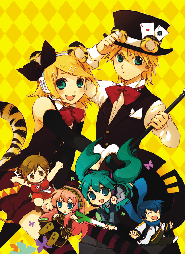 2boys, 4girls, animal_ears, aqua_eyes, argyle_background, argyle_clothes, blonde_hair, chibi