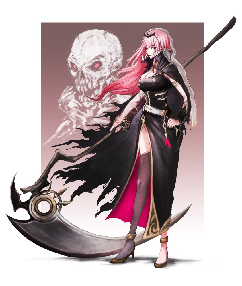 1girl, absurdres, black_cape, black_gloves, black_thighhighs, border, bracer, breasts