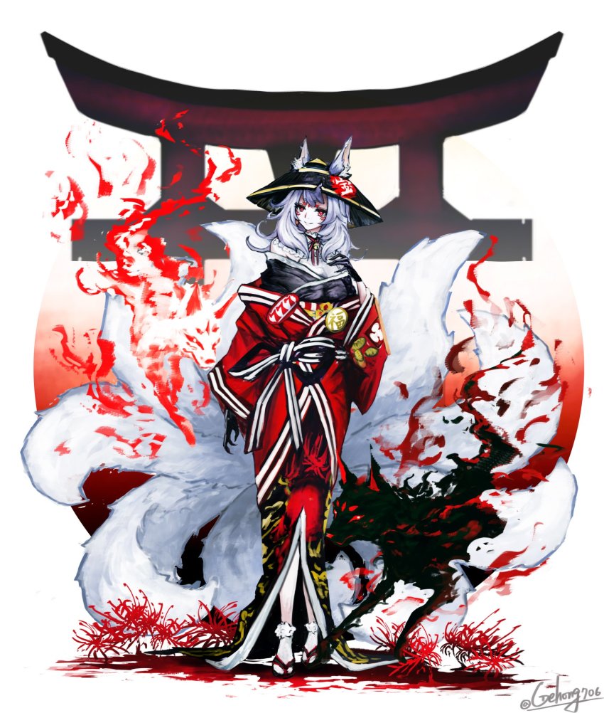 1girl, animal_ears, bell, black_gloves, black_headwear, black_kimono, black_ribbon, commentary