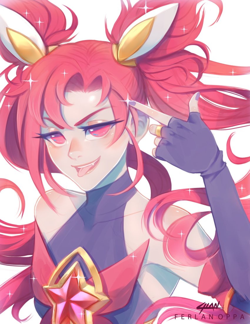 absurdres, artist_name, black_gloves, bow, collarbone, fang, ferlanoppa, finger_gun, fingerless_gloves, flat_chest, gloves, halterneck, highres, jinx_(league_of_legends), league_of_legends, nail_polish, official_alternate_costume, purple_nails, red_bow, sparkle, star_(symbol), star_guardian_(league_of_legends), star_guardian_jinx, tongue, tongue_out, twintails, white_background