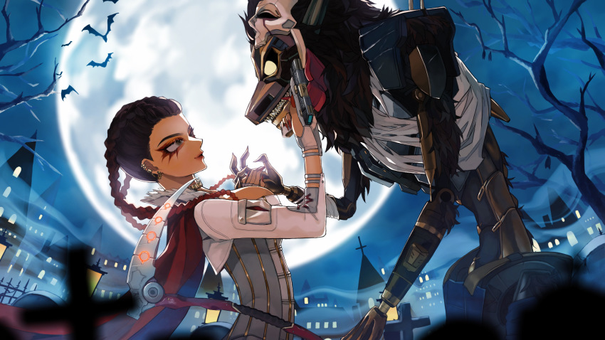 1boy, 1girl, animification, apex_legends, bare_tree, bat_(animal), black_eyes, braid