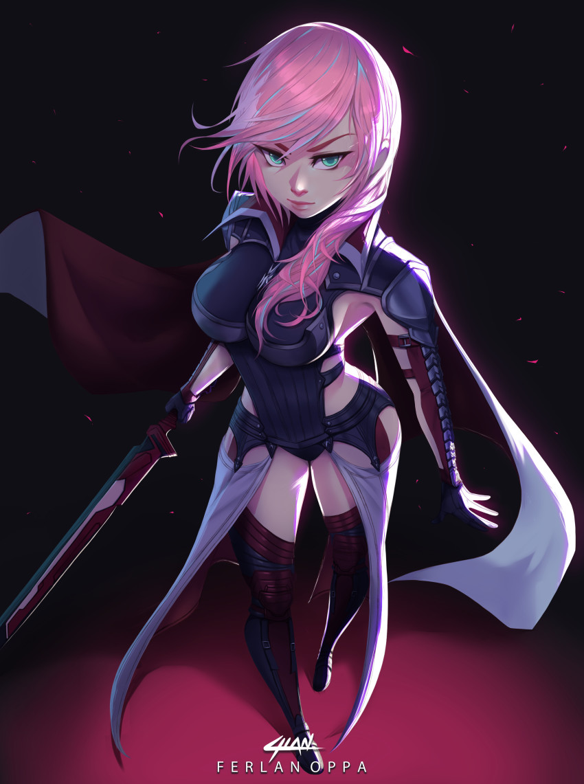 1girl, absurdres, artist_name, black_boots, black_dress, black_gloves, blue_eyes, boots, breasts, commentary, commission, dress, english_commentary, ferlanoppa, final_fantasy, final_fantasy_xiii, from_above, gloves, hair_behind_ear, highres, holding, holding_sword, holding_weapon, lightning_farron, lightning_returns:_final_fantasy_xiii, looking_up, medium_breasts, solo, sword, thigh_boots, weapon