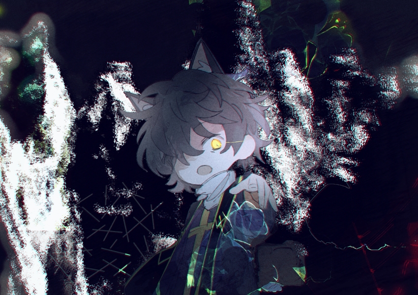 1boy, animal_ears, cat_boy, cat_ears, chibi, chinese_commentary, chromatic_aberration, commentary_request