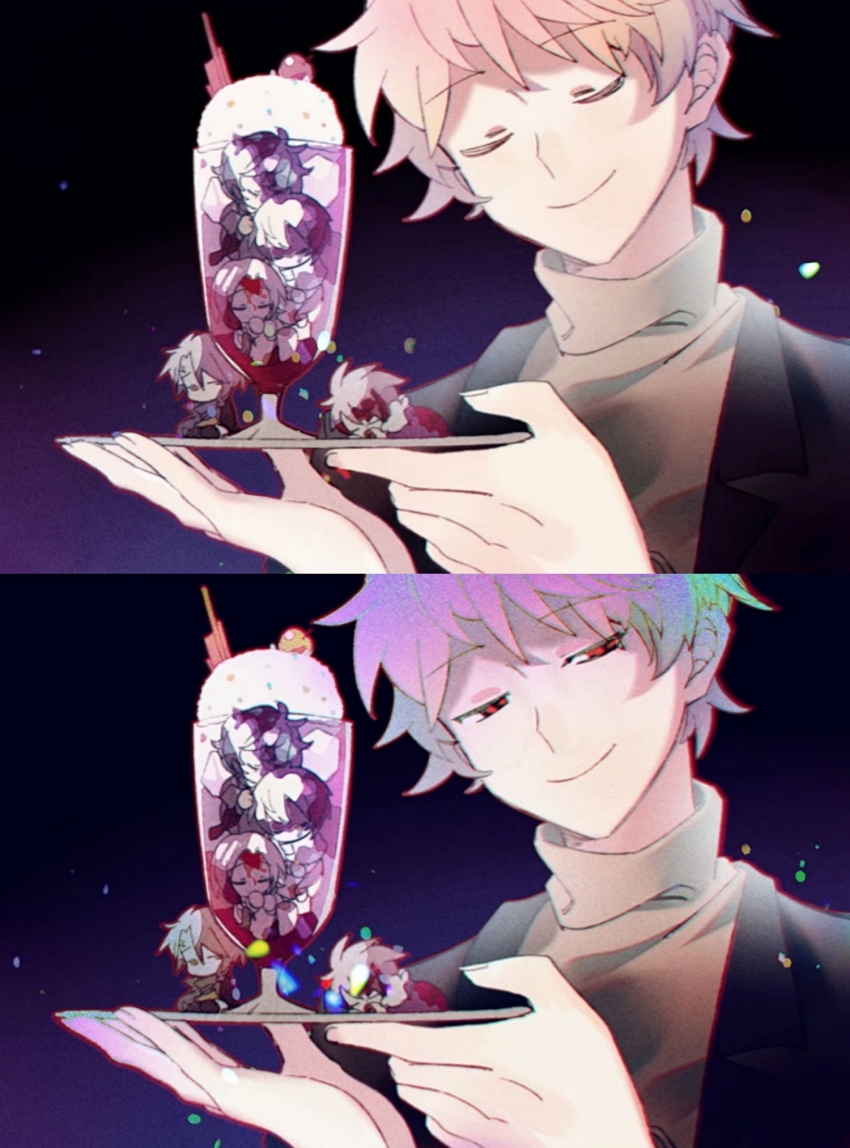 1girl, 5boys, atou_haruki, black_jacket, bleeding, blonde_hair, blood, blood_on_clothes, blood_on_face, blue_hair, brown_hair, brown_sweater, cherry, chibi, chinese_commentary, closed_mouth, commentary_request, enomoto_noa, closed_eyes, film_grain, food, fruit, glass, harada_minoru, highres, holding, holding_plate, injury, isoi_reiji, jabuchi_you, jacket, long_sleeves, meebo, multiple_boys, open_clothes, open_jacket, orange_eyes, pink_hair, plate, red_eyes, saibou_shinkyoku, short_hair, sitting, smile, spoilers, suit_jacket, sweater, turtleneck, turtleneck_sweater, utsugi_noriyuki