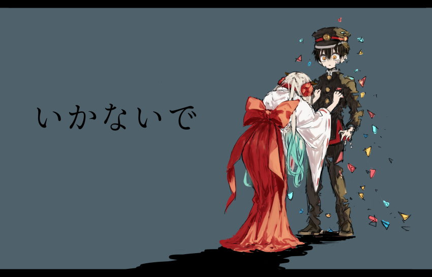 1boy, 1girl, black_hair, black_headwear, black_jacket, black_pants, blue_hair, bow