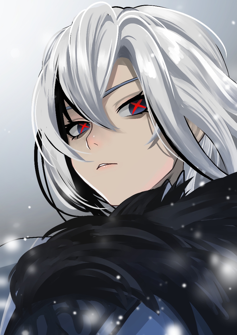 1girl, arlecchino_(genshin_impact), black_hair, fatui_coat, fur_trim, genshin_impact, looking_at_viewer, multicolored_hair