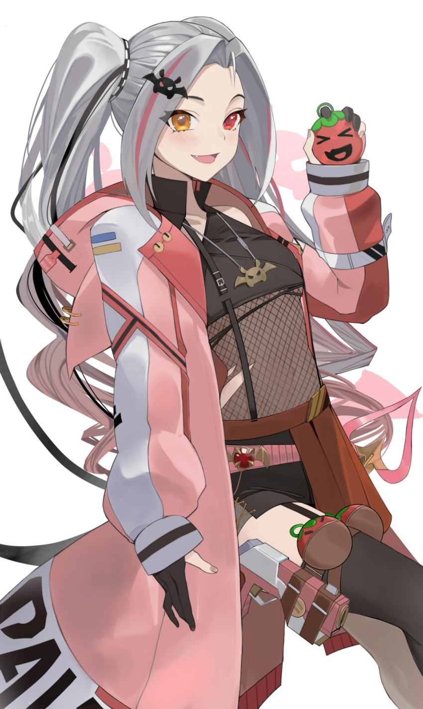 1girl, :d, bat_hair_ornament, black_gloves, black_shorts, brown_eyes, collarbone, commentary