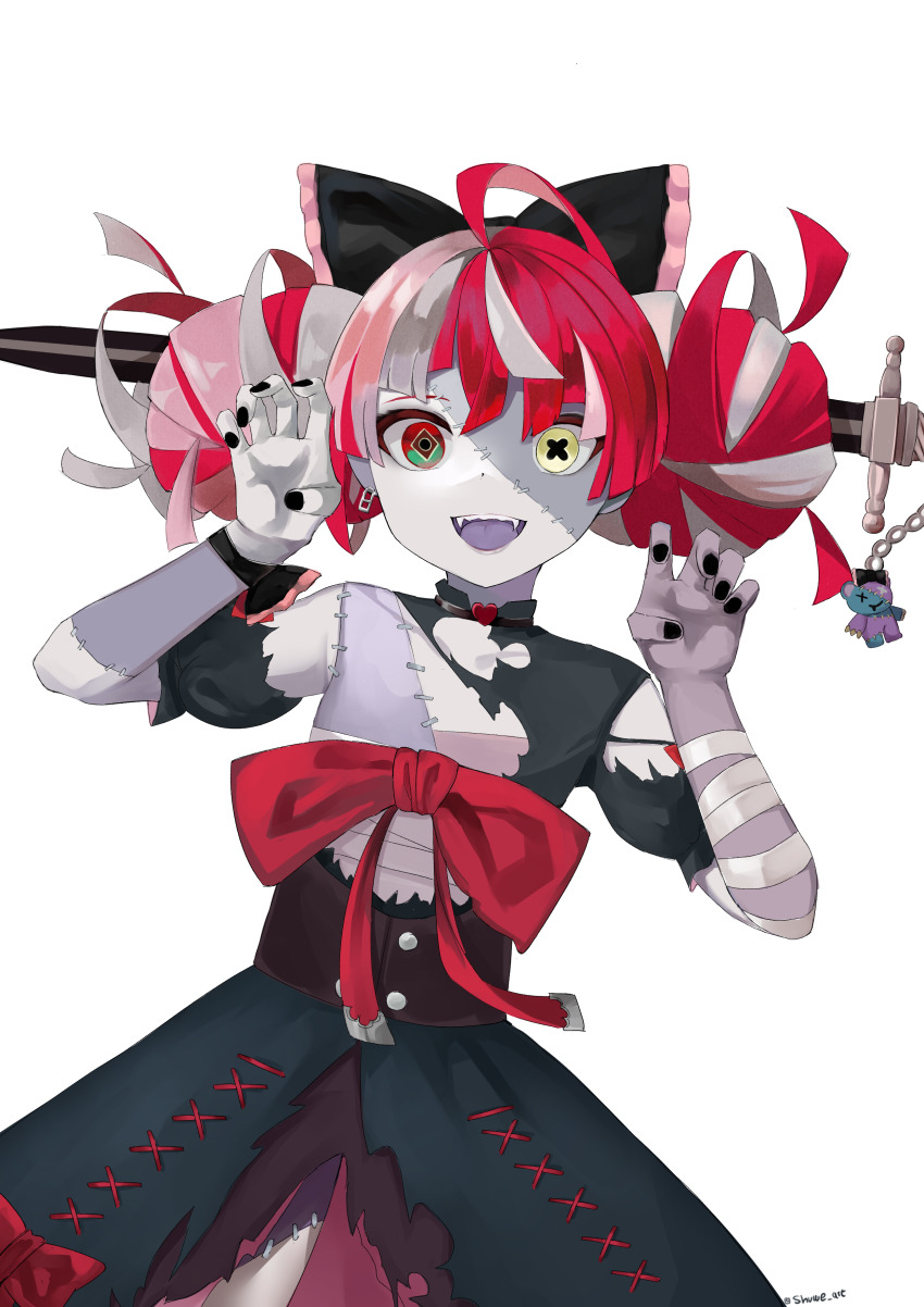 1girl, :d, absurdres, ahoge, artist_name, bandaged_arm, bandaged_chest, bandages