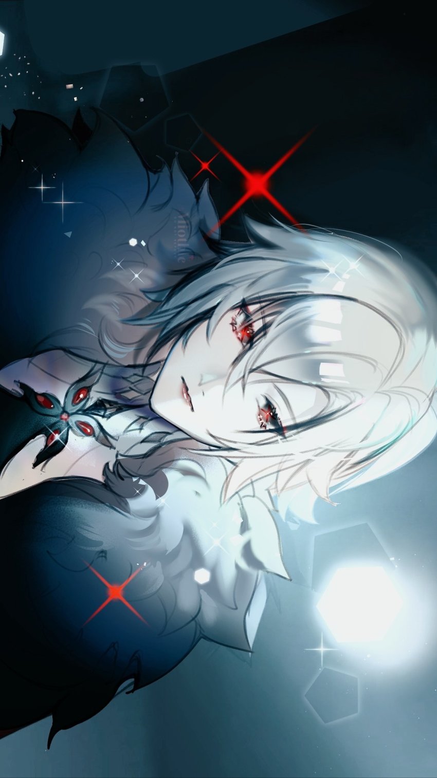 1girl, arlecchino_(genshin_impact), closed_mouth, fatui_coat, fur_trim, genshin_impact, half-closed_eyes, highres, jacket, lipstick, makeup, miothle, multicolored_hair, red_eyes, short_hair, streaked_hair, symbol-shaped_pupils, white_hair