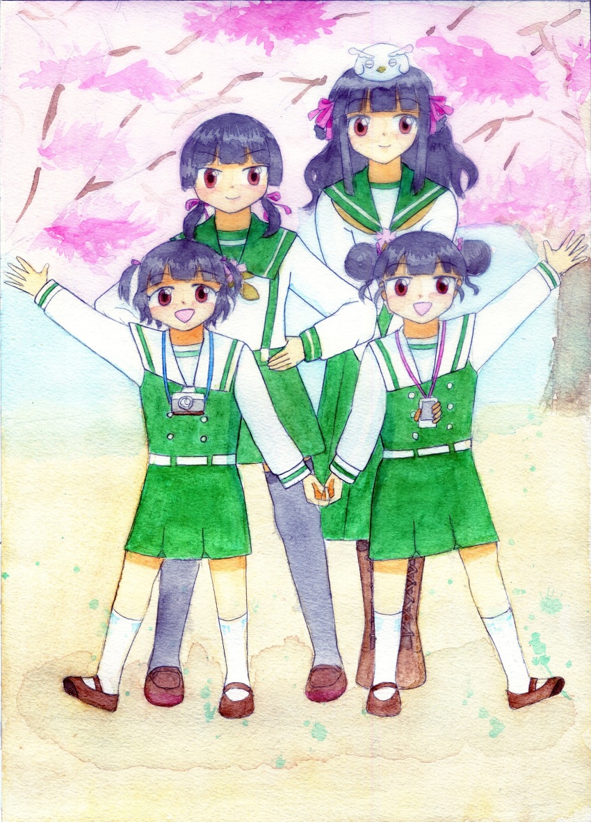 4girls, absurdres, black_hair, camekan-tan, cherry_blossoms, green_skirt, highres, honten-tan