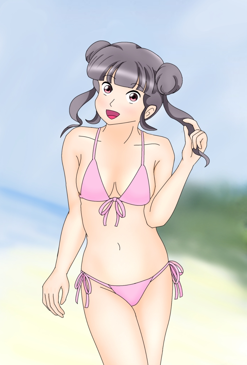 1girl, beach, bikini, black_hair, breasts, chignon, cloud, collarbone