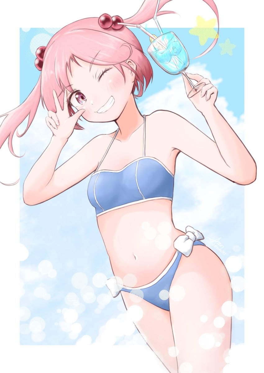 1girl, aaoi, bare_arms, bare_legs, bare_shoulders, bikini, blue_bikini, blush
