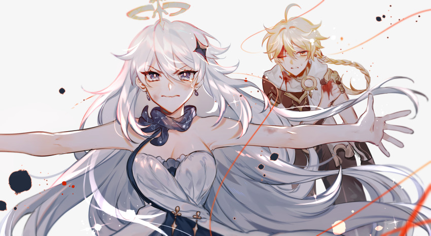 1boy, 1girl, absurdres, aether_(genshin_impact), aged_up, ahoge, alternate_breast_size_(larger), bare_shoulders