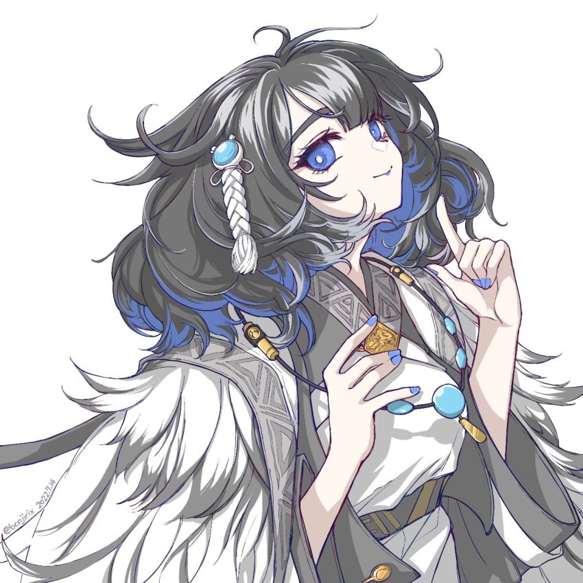 arknights, black_hair, bonjirix, coat, fur_trim, hair_ornament, highres, index_finger_raised, jewelry, kjera_(arknights), multicolored_hair, nail_polish, necklace, purple_eyes, purple_hair, short_hair, upper_body, white_background