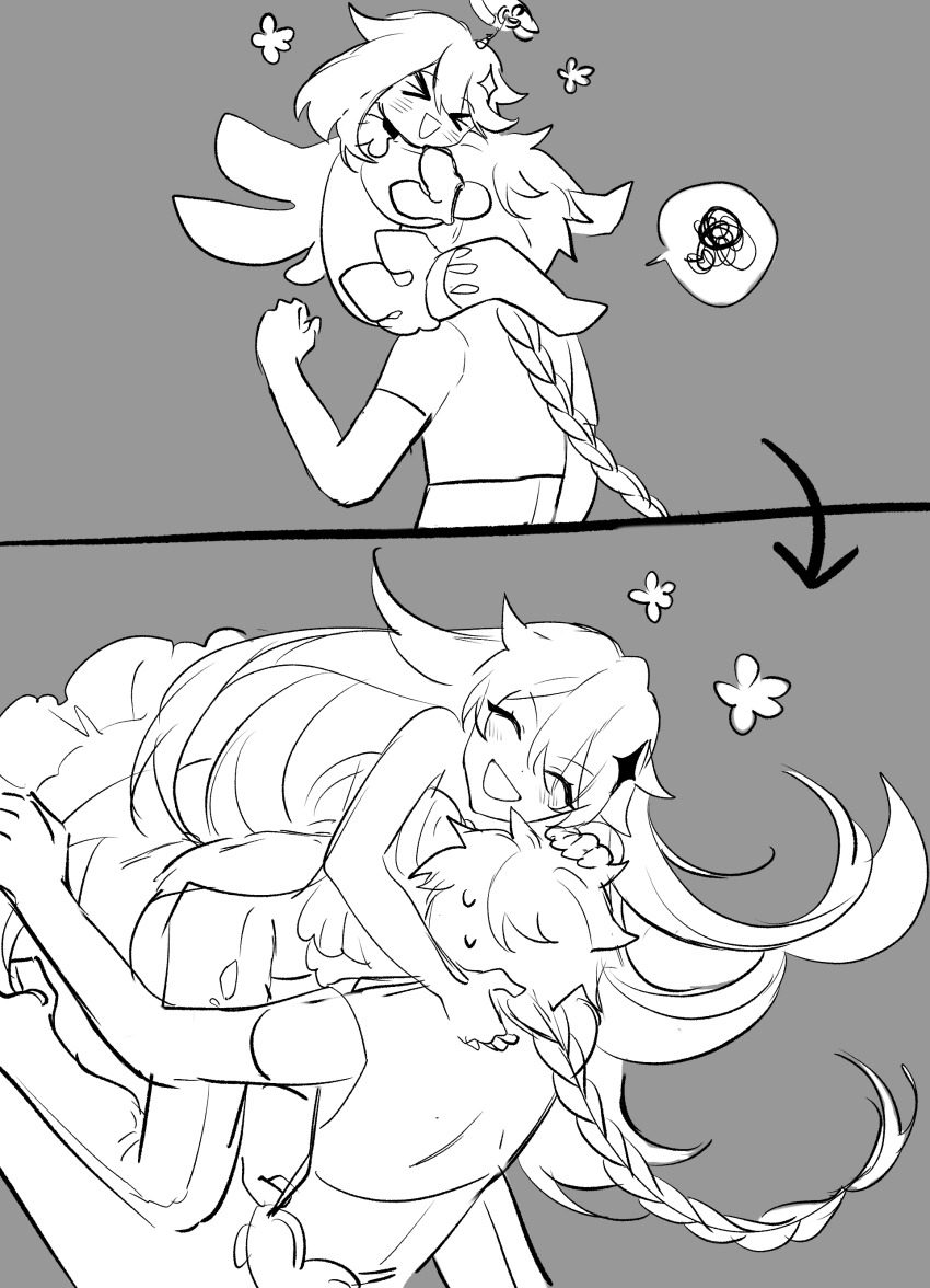 1boy, 1girl, absurdres, aether_(genshin_impact), aged_up, braid, braided_ponytail, closed_eyes, eyebrows_hidden_by_hair, floating, flora_blossom, genshin_impact, grey_background, greyscale, hair_between_eyes, highres, hug, long_hair, monochrome, open_mouth, paimon_(genshin_impact), ponytail, short_hair, simple_background, smile