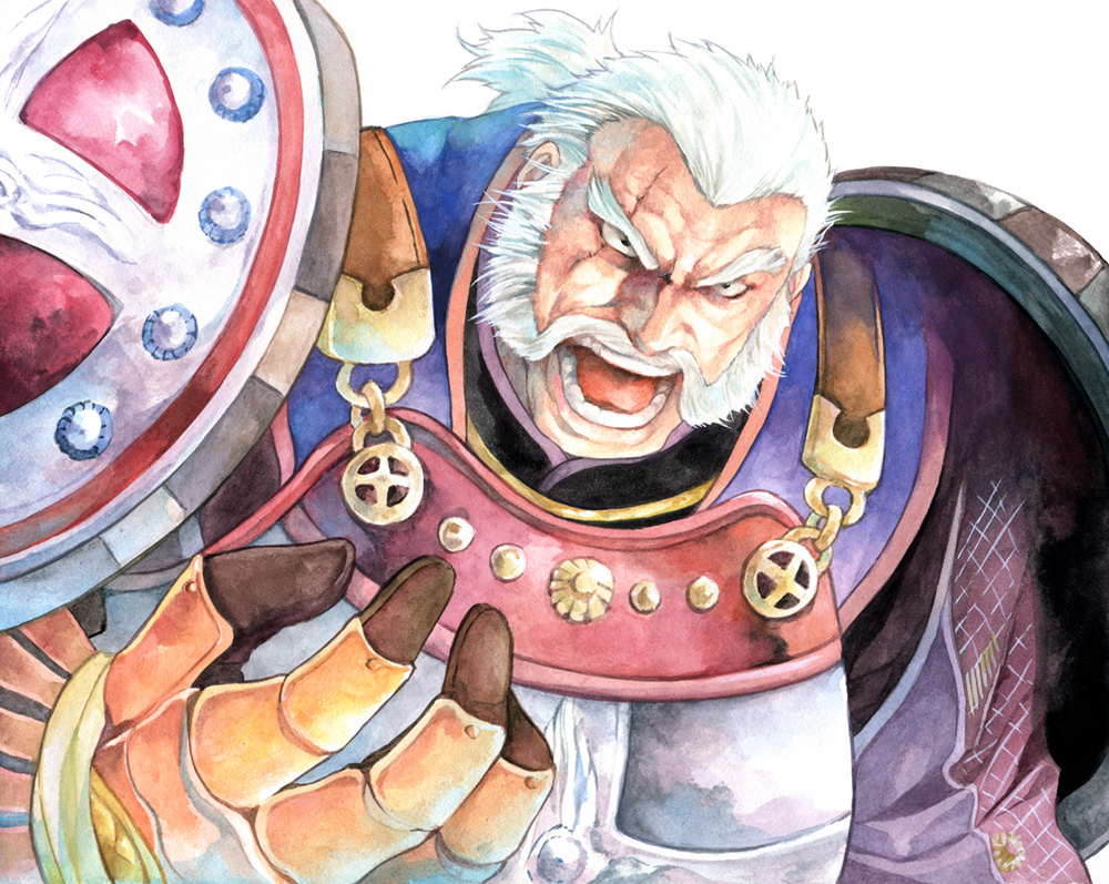 1boy, agahari, angry, armor, bad_id, bad_pixiv_id, breastplate, facial_hair