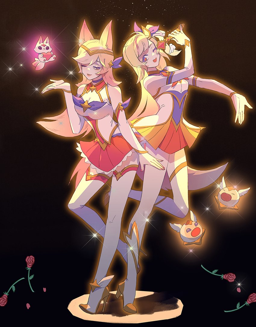 2girls, absurdres, ahri_(league_of_legends), animal_ears, armor, bass_(star_guardian), blonde_hair, boots, breasts, cleavage, creature, dress, gauntlets, gem, high_heel_boots, high_heels, highres, hyuko_wong, kiko_(league_of_legends), league_of_legends, long_hair, microphone, miniskirt, multiple_girls, one_eye_closed, open_mouth, ribbon, seraphine_(league_of_legends), skirt, sky, smile, socks, sparkle, spotlight, star_(sky), star_guardian_(league_of_legends), star_guardian_ahri, star_guardian_seraphine, starry_sky, treble_(star_guardian)