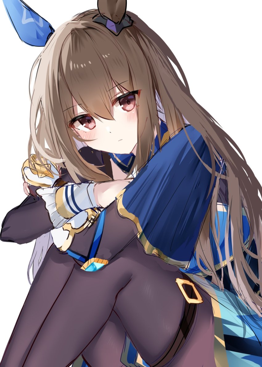 1girl, admire_vega_(umamusume), animal_ears, black_pantyhose, blush, brown_hair, ear_covers, hair_between_eyes