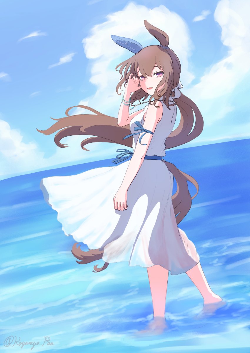 1girl, :d, absurdres, admire_vega_(umamusume), agepan._(pangcha3324), alternate_costume, animal_ears, blue_ribbon