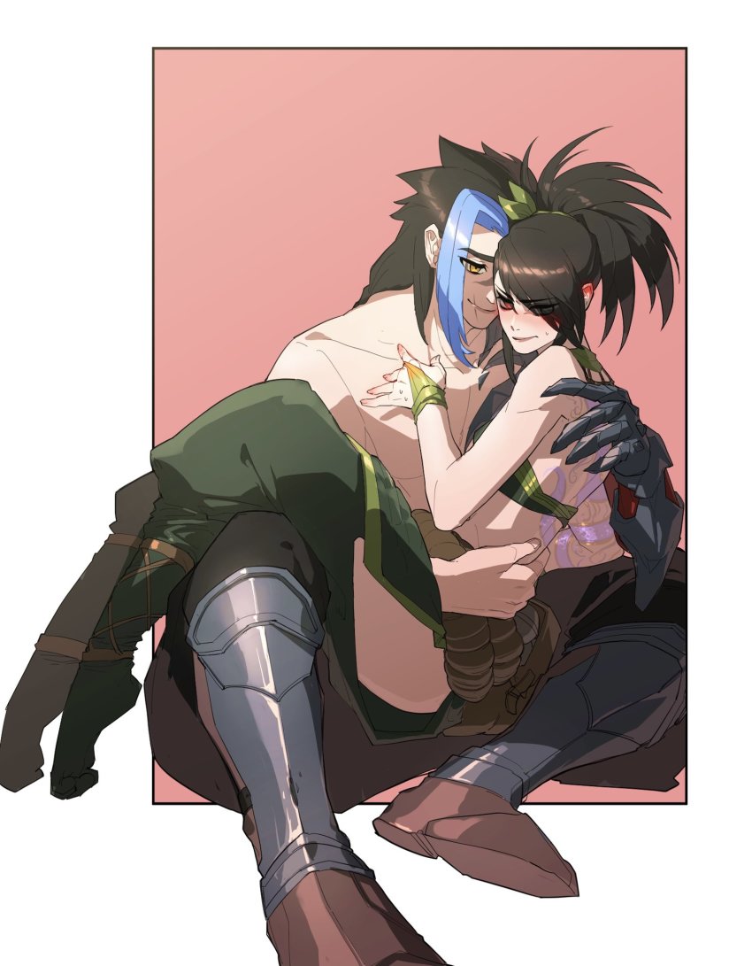 akali, arms_behind_back, blue_hair, blush, ddlggoddadda, foot_out_of_frame, highres, kayn_(league_of_legends), league_of_legends, outside_border, pectorals, pink_background, ponytail, red_background, red_eyes, tattoo, yellow_eyes