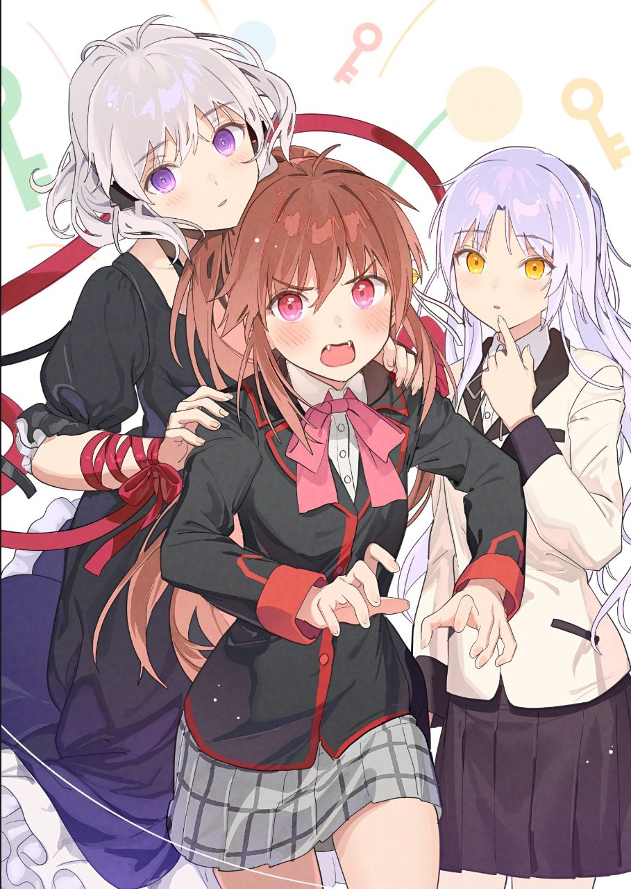 3girls, ahoge, antenna_hair, black_dress, blush, bow, brown_hair, brown_skirt