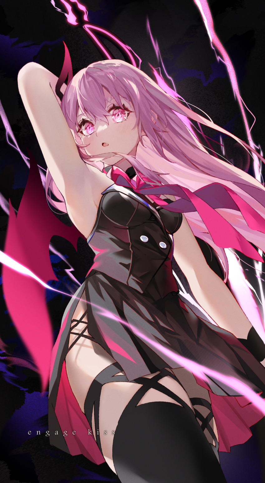 1girl, absurdres, armpits, black_dress, commentary, copyright_name, demon_horns, demon_wings, dress, engage_kiss, hair_between_eyes, highres, horns, kisara_(engage_kiss), long_hair, looking_at_viewer, open_mouth, pink_eyes, pink_hair, shiromoca, single_horn, solo, wings