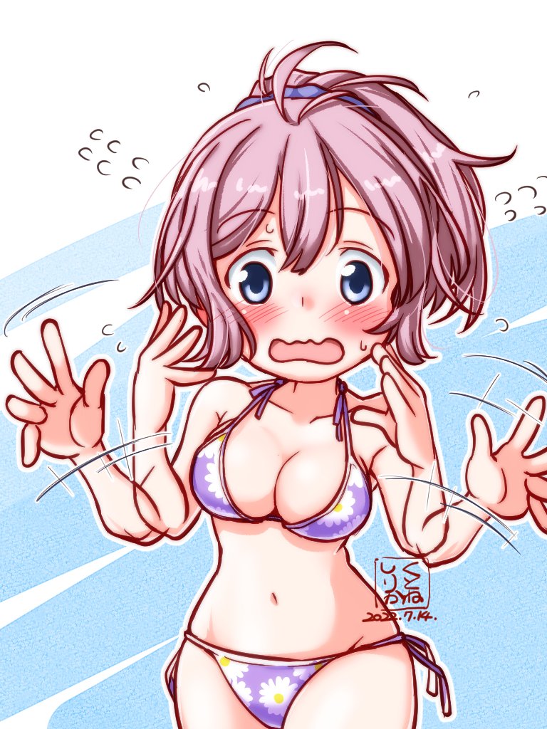 1girl, afterimage, alternate_color, antenna_hair, aoba_(kancolle), artist_logo, bikini, blue_eyes