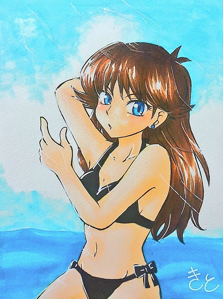 1girl, antenna_hair, arm_behind_head, armpits, barefoot, beach, bikini, black_bikini, blue_eyes, breasts, brown_hair, cleavage, clenched_hand, collarbone, day, earrings, eyelashes, feet, female_focus, finger_gun, fingernails, green_(pokemon), hand_up, jewelry, legs, long_hair, looking_at_viewer, medium_breasts, mew_holic, midriff, navel, neck, nintendo, ocean, outdoors, parted_bangs, parted_lips, partially_submerged, pokemon, pokemon_adventures, shiny_clothes, shiny_skin, side-tie_bikini_bottom, sideboob, sidelocks, signature, sky, standing, summer, swimsuit, thighs, traditional_media