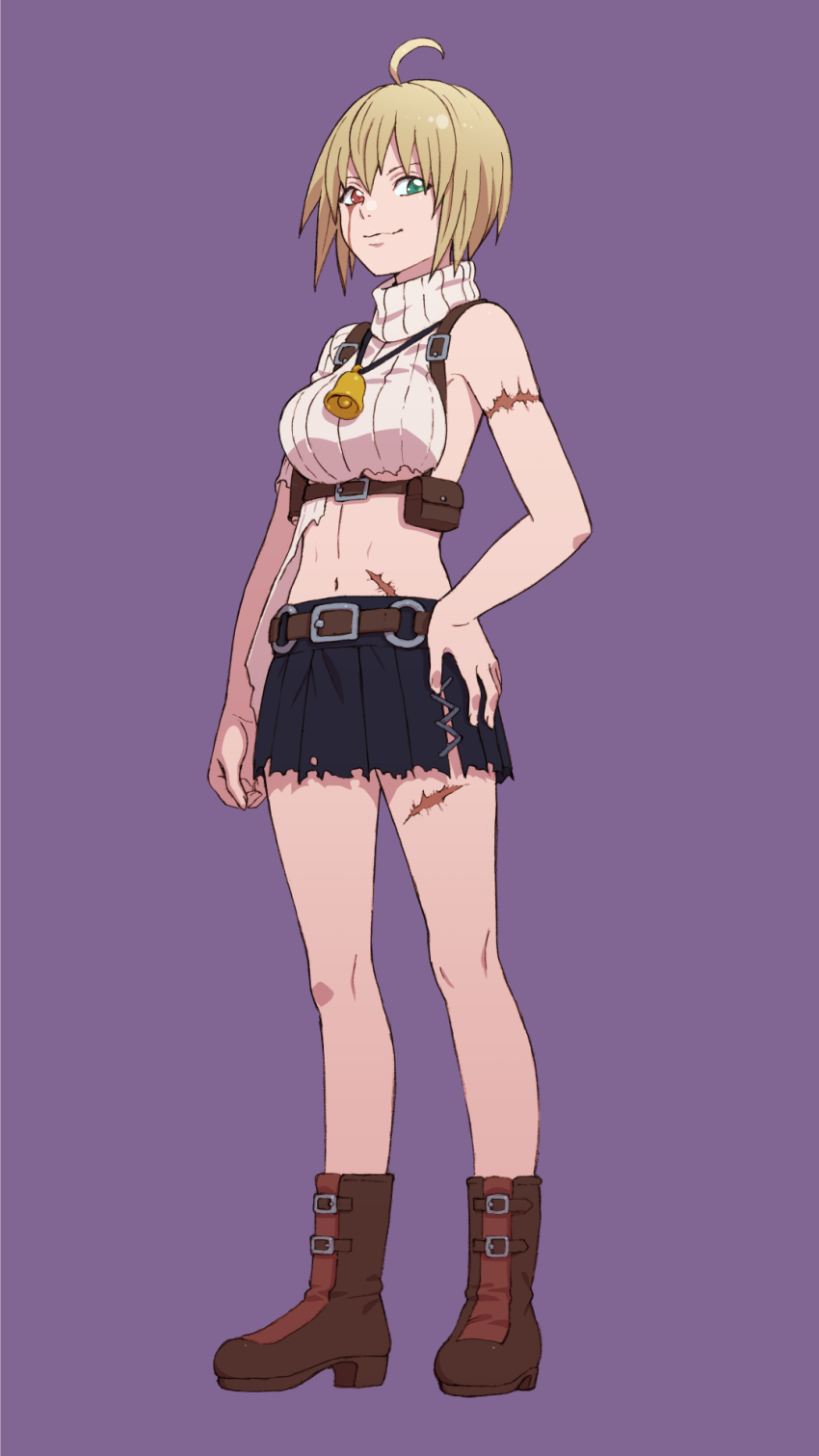 1girl, ahoge, bell, black_skirt, blonde_hair, boots, breasts, brown_boots