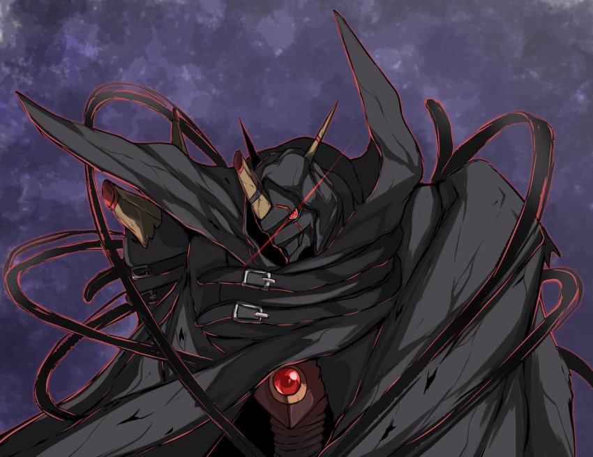 armor, belt, cloak, digimon, omegamon_zwart_defeat, red_eyes, solo