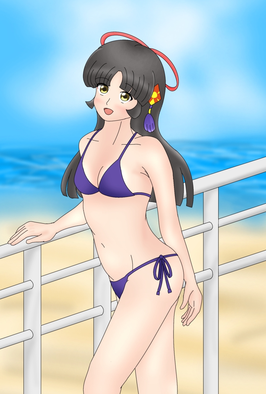 1girl, bikini, black_hair, blue_sky, breasts, cleavage, highres, horizon, kyoto-tan, purple_bikini, side-tie_bikini_bottom, sky, swimsuit
