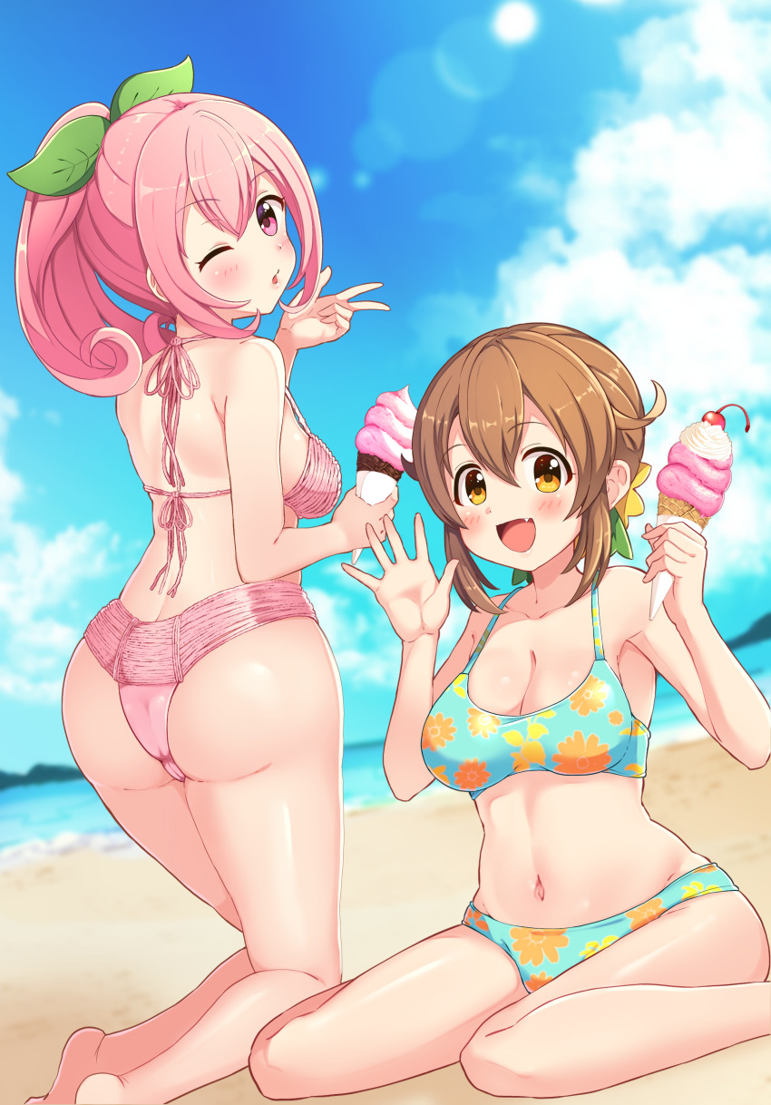 2girls, absurdres, aqua_bikini, bikini, breasts, brown_hair, cleavage, funa-tan, highres, horizon, multiple_girls, okayama-tan, pink_bikini, pink_hair, swimsuit