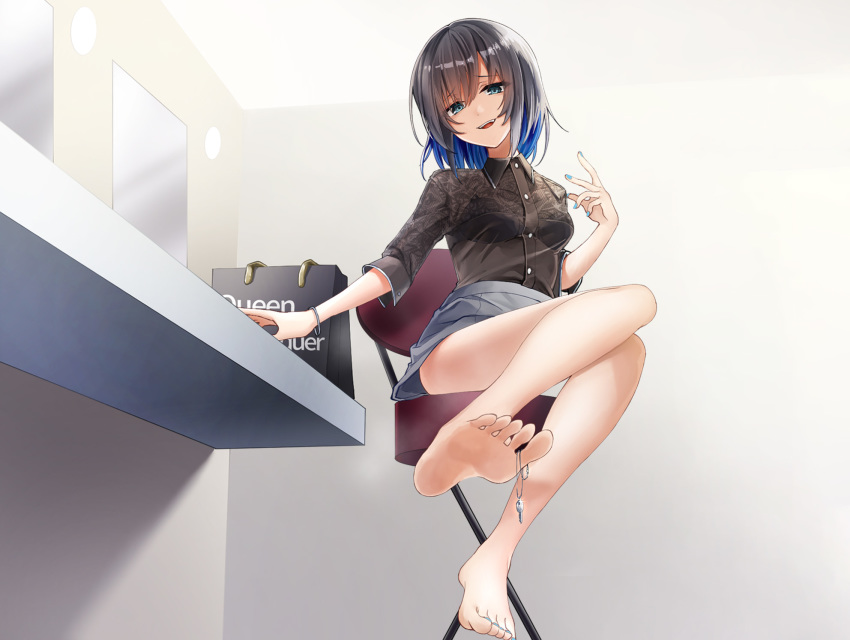 black_hair, blue_eyes, blue_hair, feet, gradient_hair, highres, idol, key
