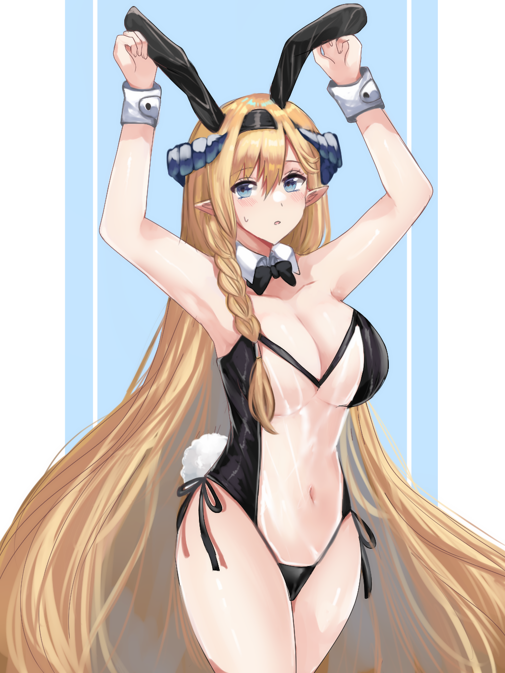 1girl, alternate_costume, animal_ears, arknights, armpits, arms_up, bare_arms, bare_shoulders